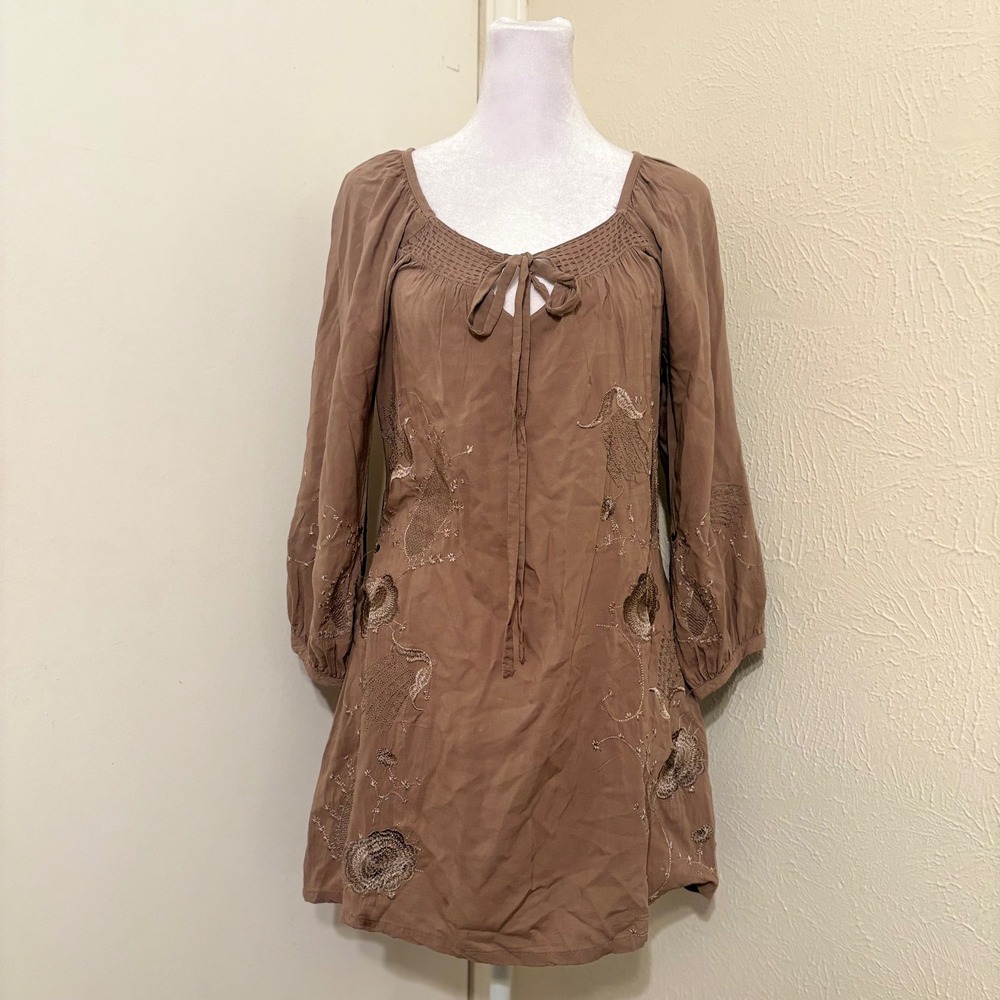 Brown Embroidered Boho Tunic Dress Balloon Sleeve Whimsigoth Boho Fairycore S